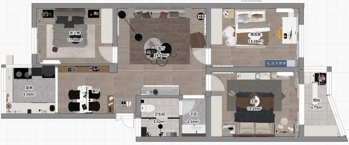 刘小勇｜金信花园12-37-401-105㎡-现代简约风格｜3室2厅1卫｜老房装修｜定制家｜全包13万｜00_03平面彩图